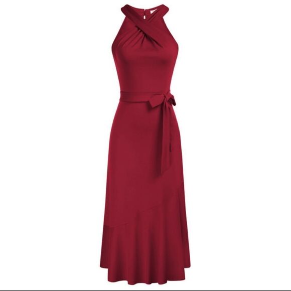 JASAMBAC Elegant Criss Cross Halter Neck Ruffle Hem Belted Bodycon Dress - Picture 4 of 14